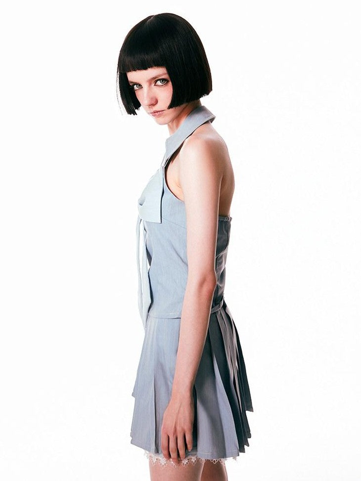 SENSELF Retro Blue Denim Bow Spliced Backless Women's Denim Halter Tops