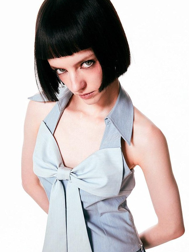 SENSELF Retro Blue Denim Bow Spliced Backless Women's Denim Halter Tops
