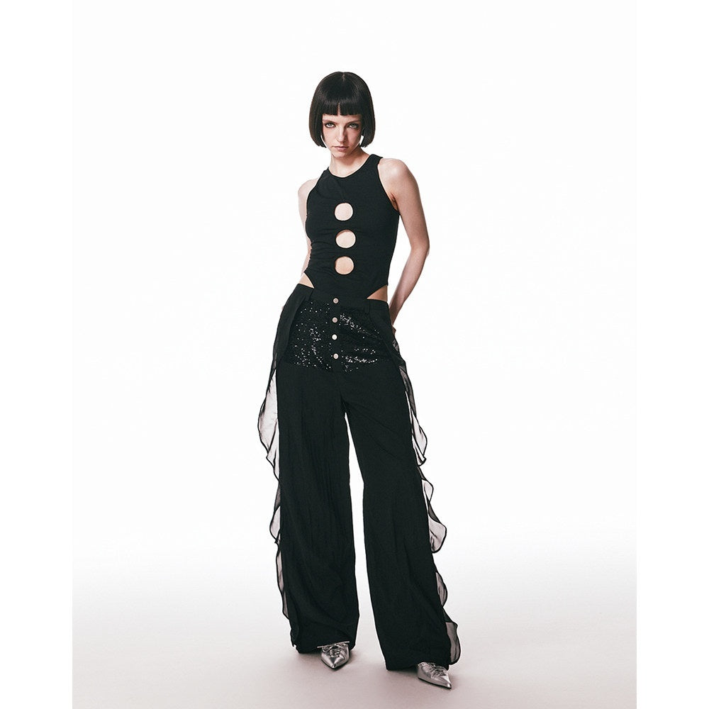 SENSELF_Sequins_Flowing_Black_Spliced_Lace_Trim_Breathable_Women's_Wide-leg_Pants_714303427316_MISSTT
