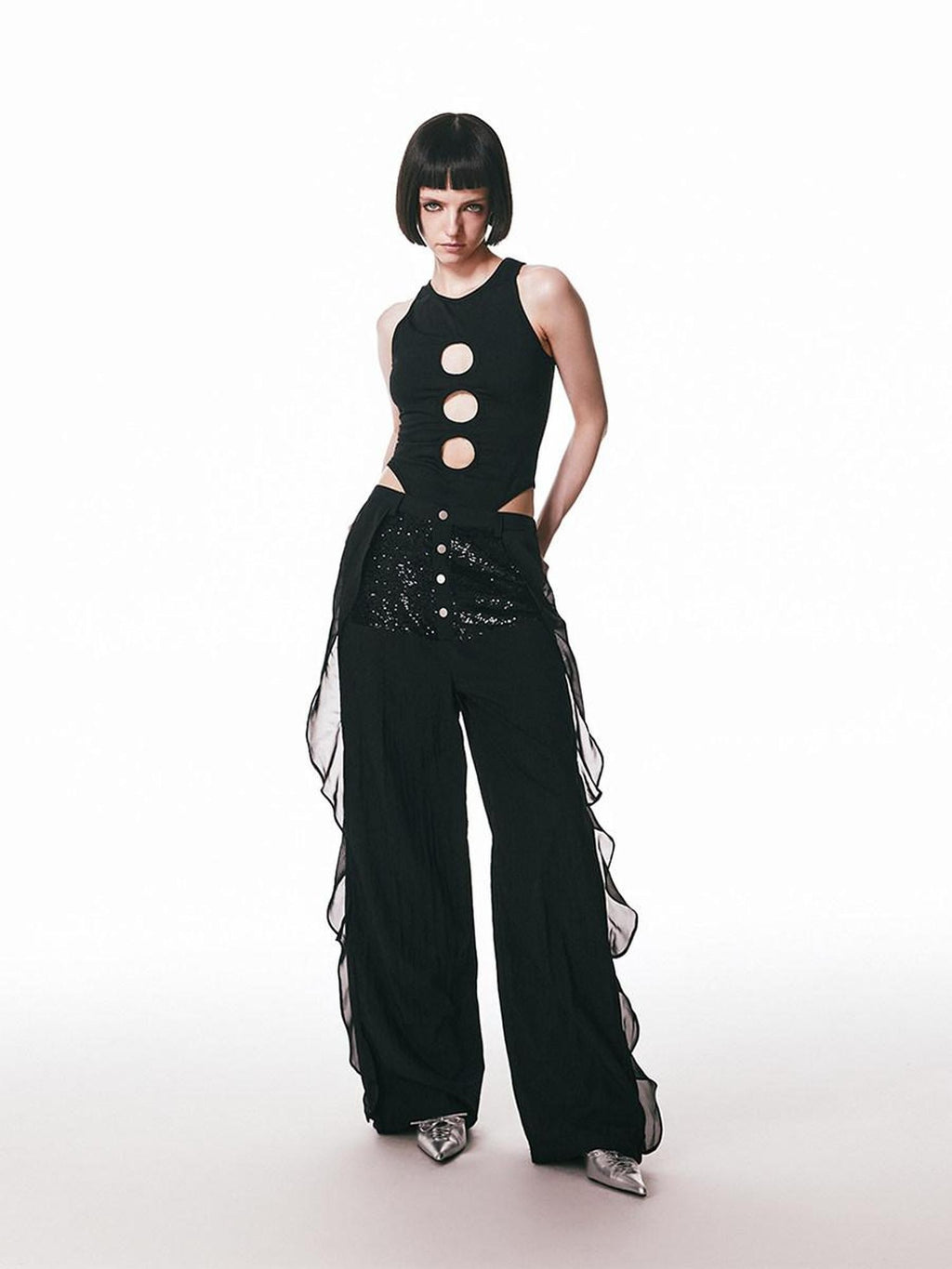 SENSELF Sequins Flowing Black Spliced Lace Trim Breathable Women's Wide-leg Pants