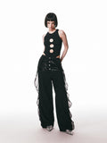 SENSELF Sequins Flowing Black Spliced Lace Trim Breathable Women's Wide-leg Pants