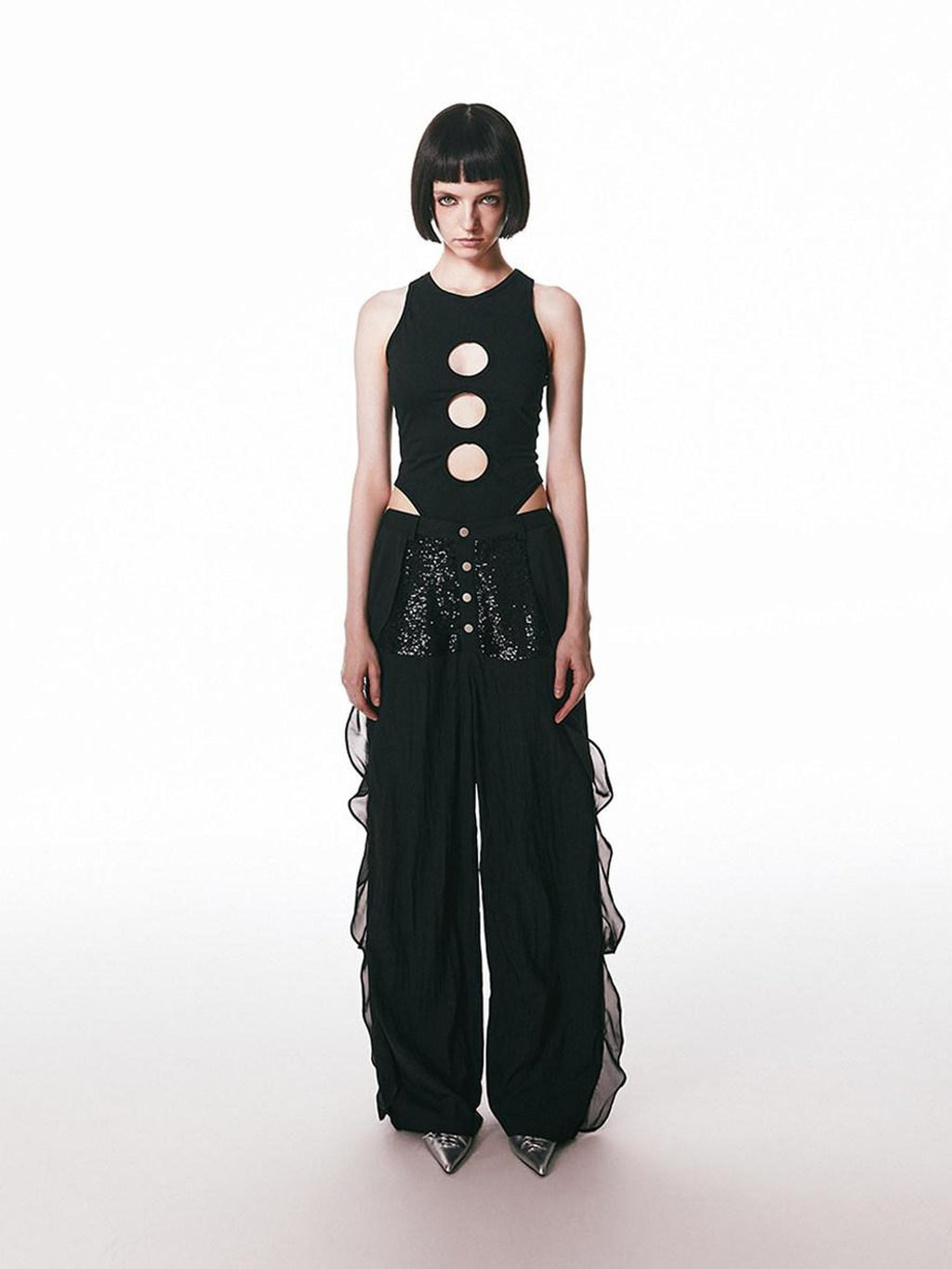 SENSELF Sequins Flowing Black Spliced Lace Trim Breathable Women's Wide-leg Pants