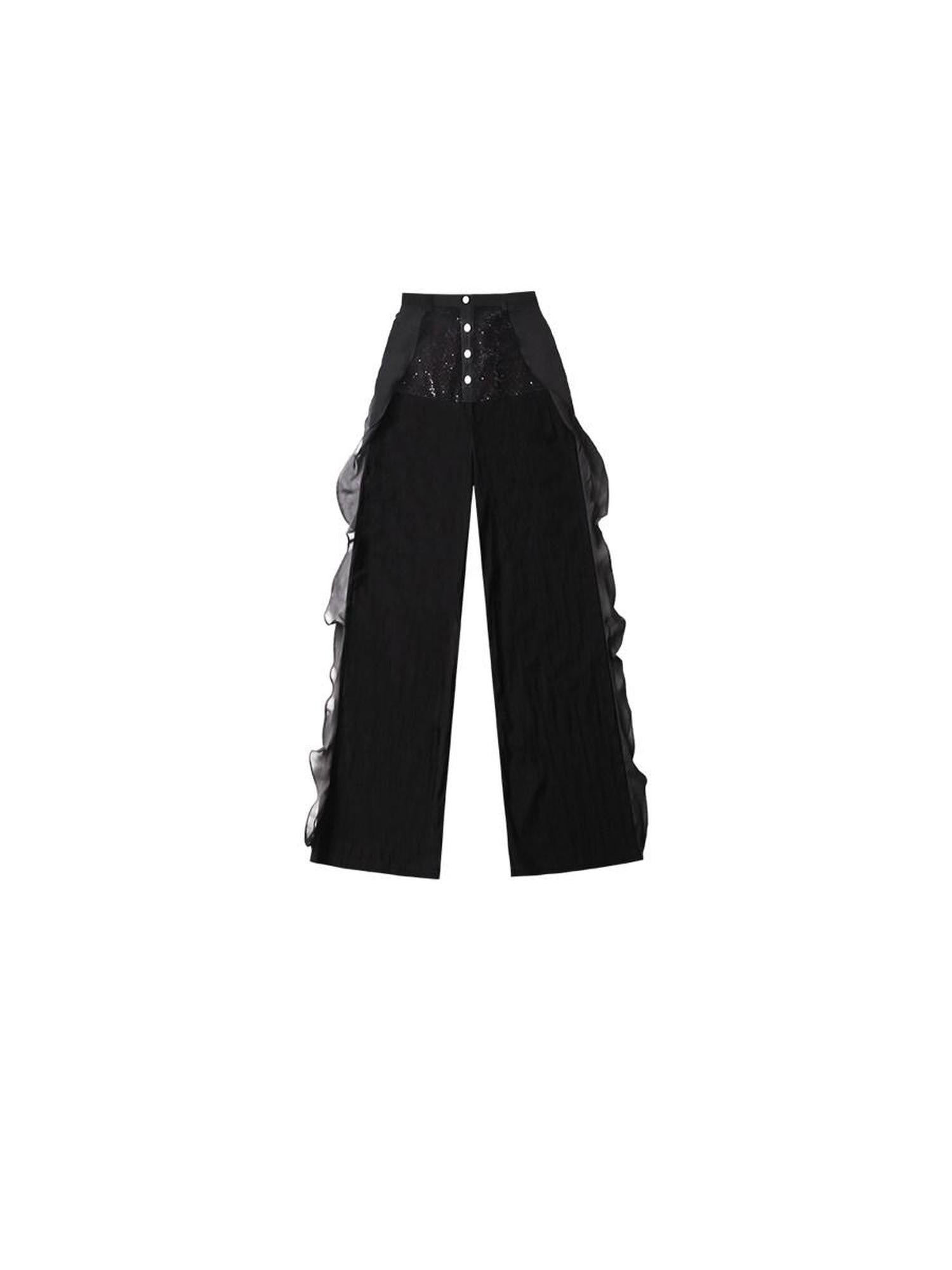 SENSELF Sequins Flowing Black Spliced Lace Trim Breathable Women's Wide-leg Pants
