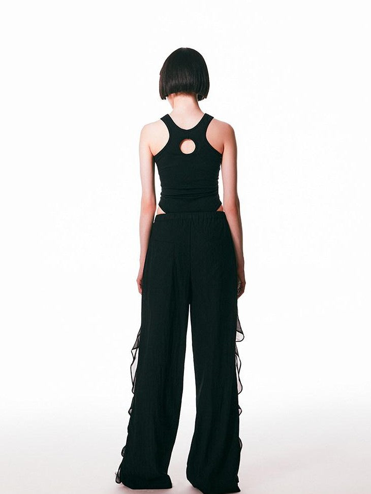 SENSELF Sequins Flowing Black Spliced Lace Trim Breathable Women's Wide-leg Pants