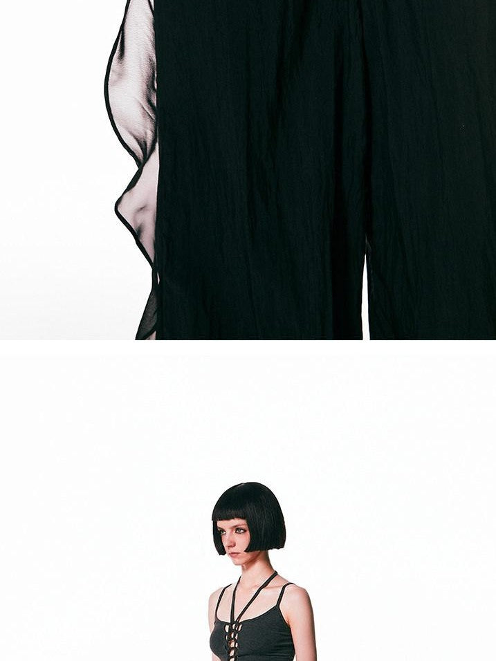 SENSELF Sequins Flowing Black Spliced Lace Trim Breathable Women's Wide-leg Pants