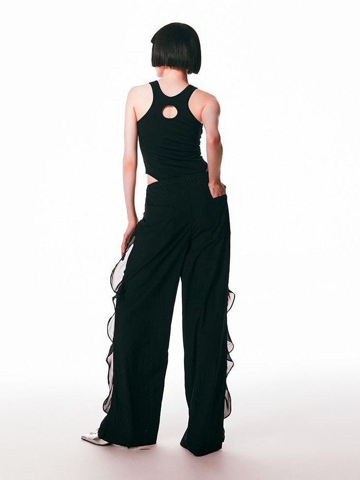 SENSELF Sequins Flowing Black Spliced Lace Trim Breathable Women's Wide-leg Pants