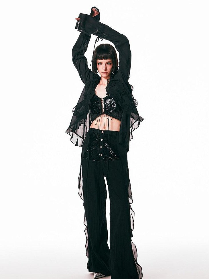 SENSELF Sequins Flowing Black Spliced Lace Trim Breathable Women's Wide-leg Pants