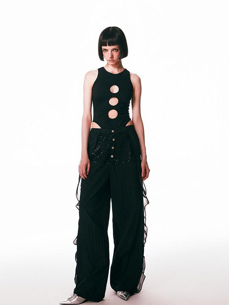 SENSELF Sequins Flowing Black Spliced Lace Trim Breathable Women's Wide-leg Pants