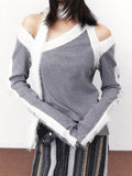 SENSELF Snow Grey Patchwork Fleece Off Shoulder Scarf Women's Knit Long Sleeve T-shirts