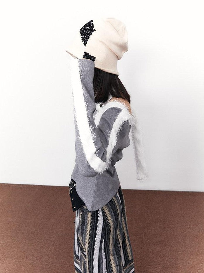 SENSELF Snow Grey Patchwork Fleece Off Shoulder Scarf Women's Knit Long Sleeve T-shirts