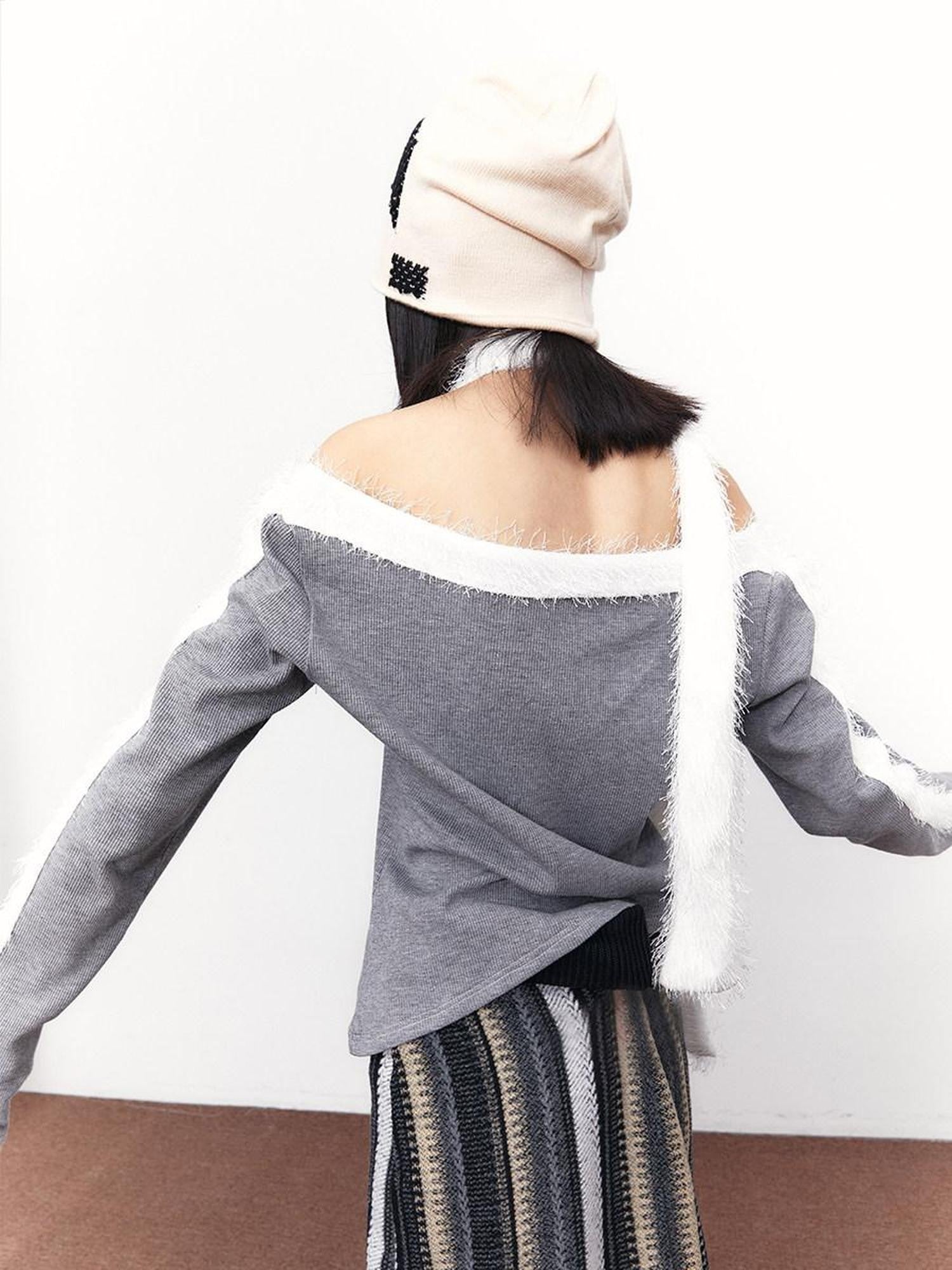 SENSELF Snow Grey Patchwork Fleece Off Shoulder Scarf Women's Knit Long Sleeve T-shirts