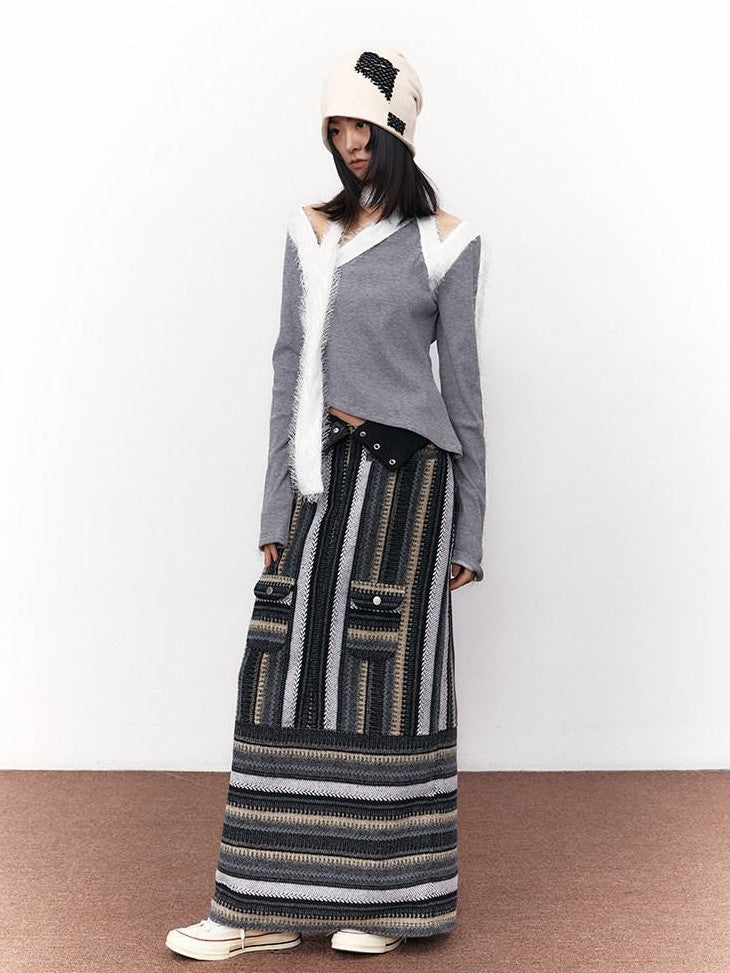 SENSELF Snow Grey Patchwork Fleece Off Shoulder Scarf Women's Knit Long Sleeve T-shirts
