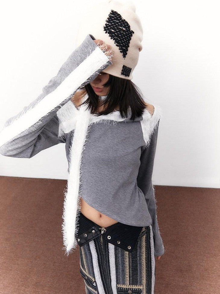 SENSELF Snow Grey Patchwork Fleece Off Shoulder Scarf Women's Knit Long Sleeve T-shirts
