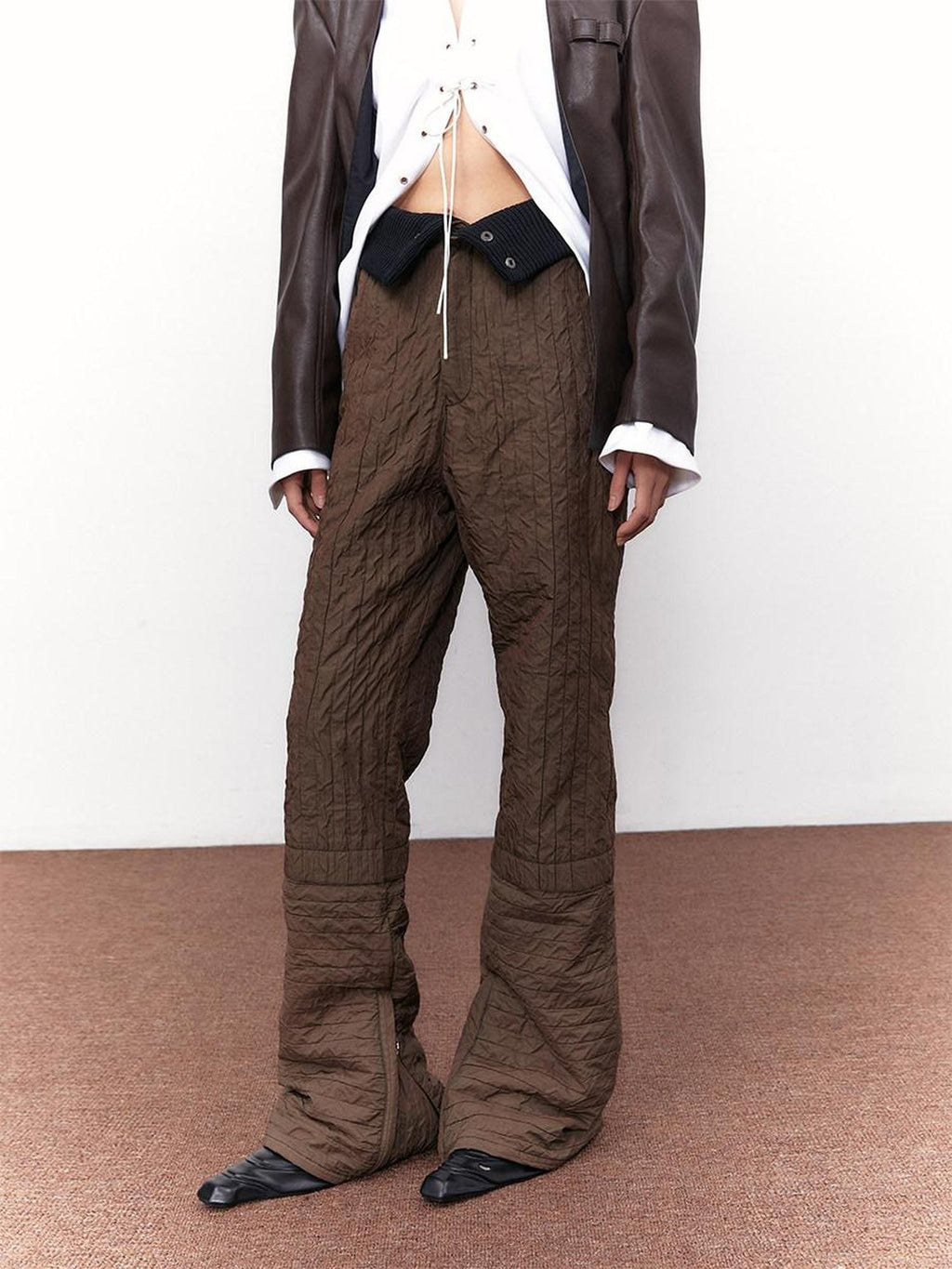 SENSELF Tea Brown Foldover High Low Waist Women's Micro Flare Flare Pants