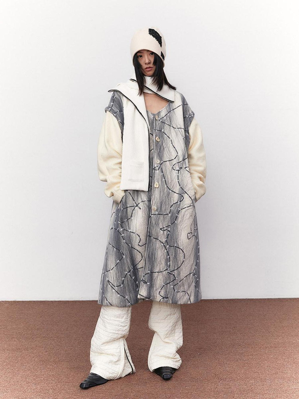 SENSELF Textured White Multiway Two Piece Women's Woolen Longline Vests