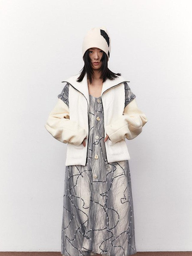 SENSELF Textured White Multiway Two Piece Women's Woolen Longline Vests