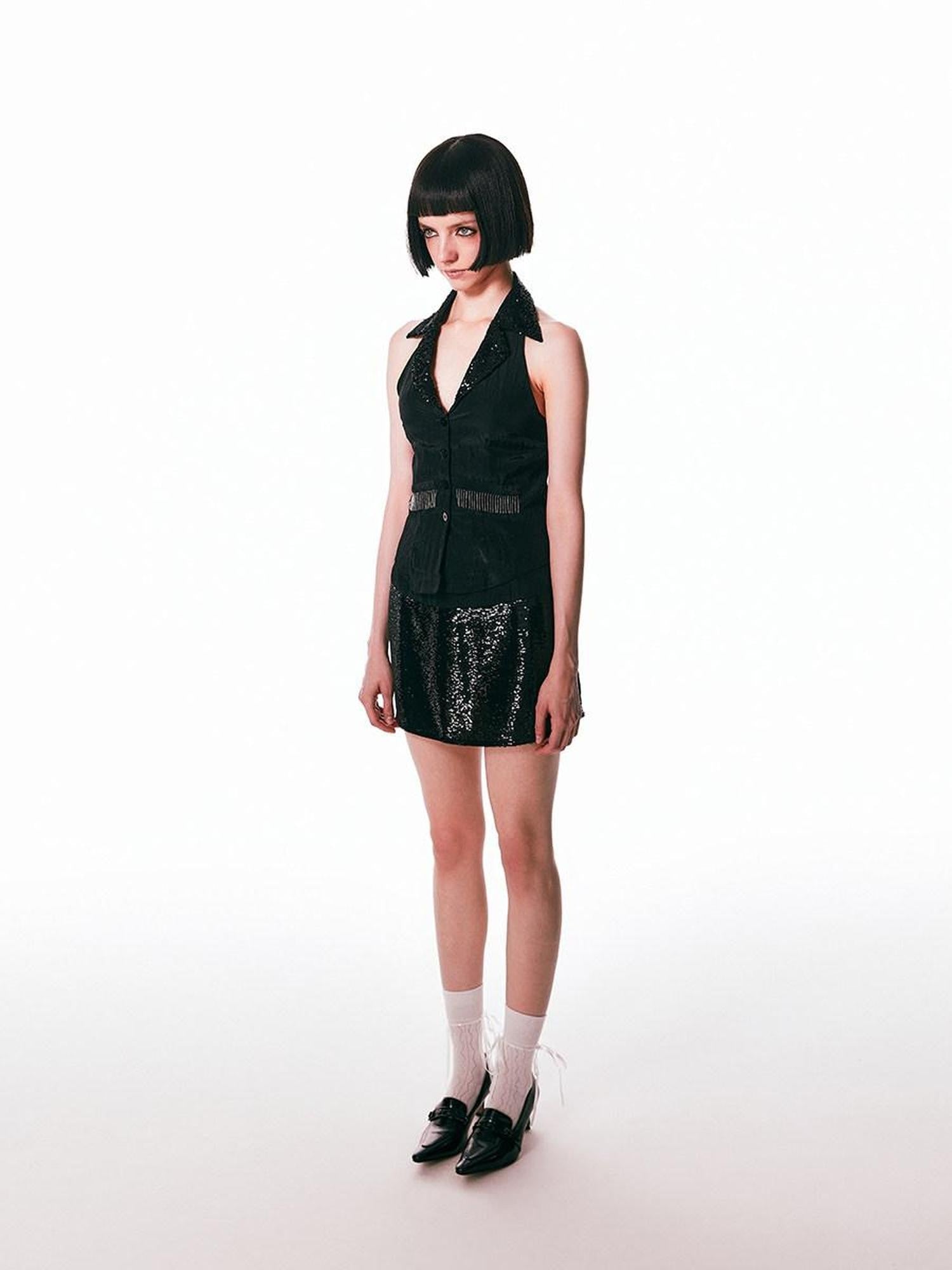 SENSELF Vintage Patchwork Low Waist Women's Black Sequin A-line Skirts