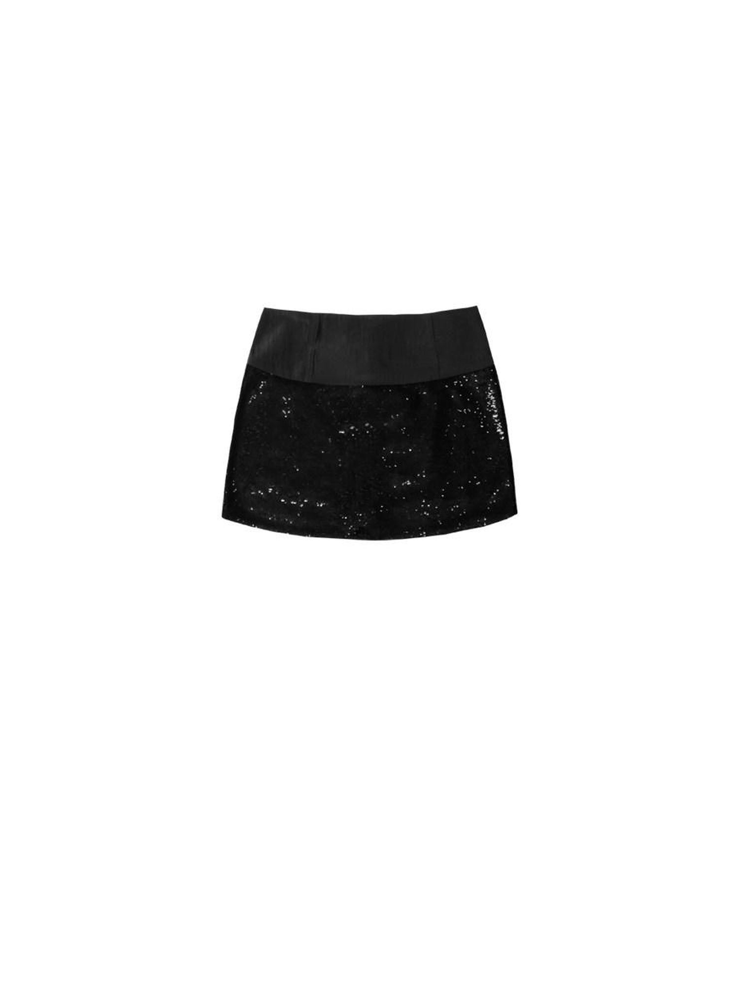 SENSELF Vintage Patchwork Low Waist Women's Black Sequin A-line Skirts