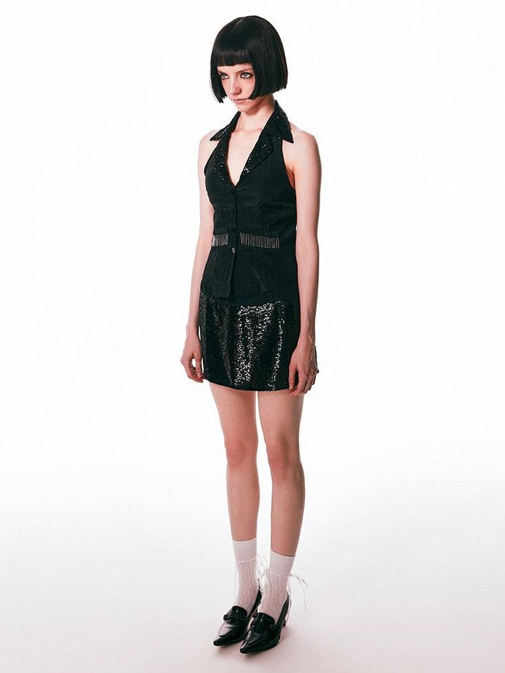 SENSELF Vintage Patchwork Low Waist Women's Black Sequin A-line Skirts