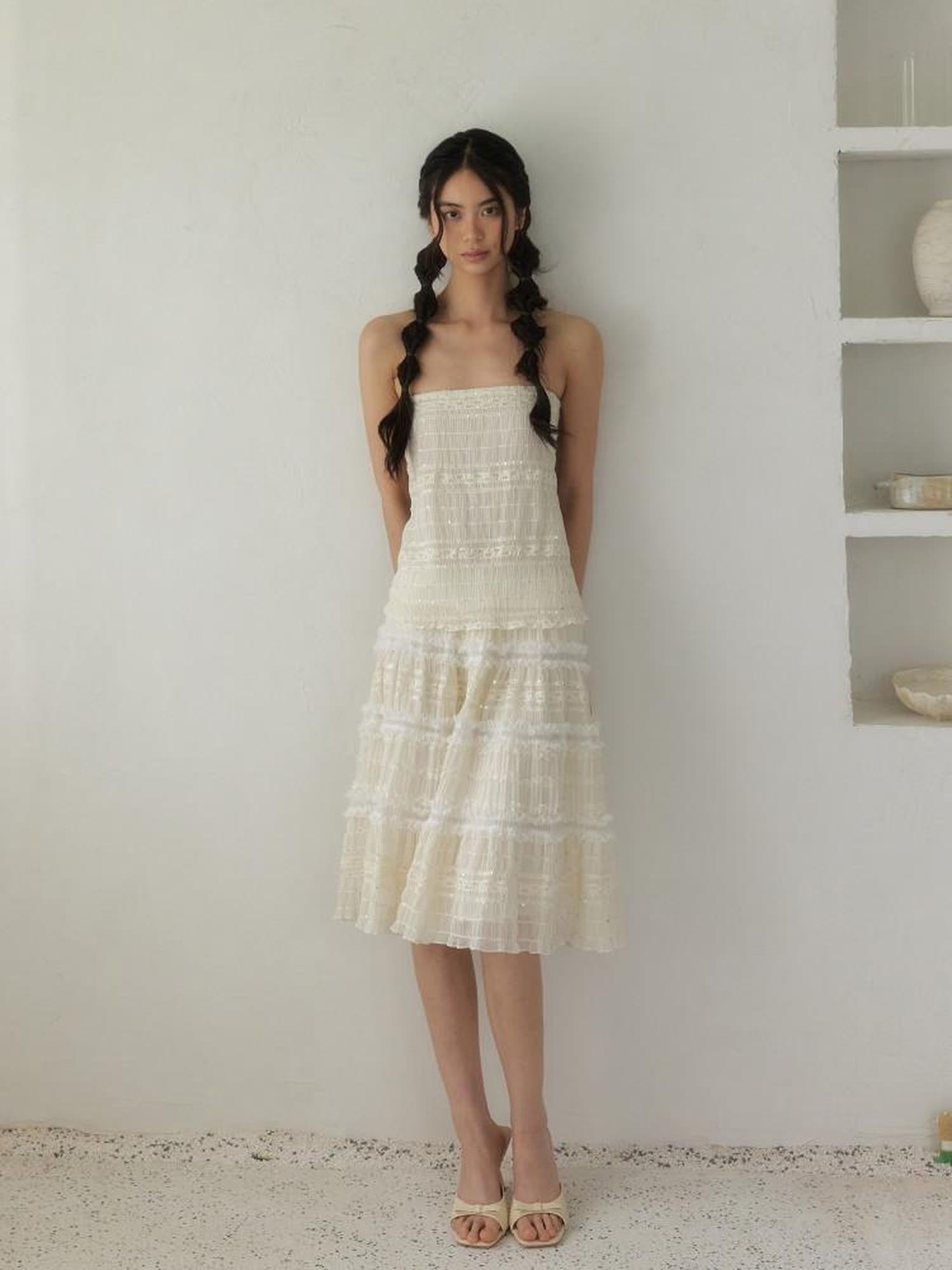 SENSELF Vintage Sequin Lace Patchwork Women's Stretch Off-shoulder Midi Dresses