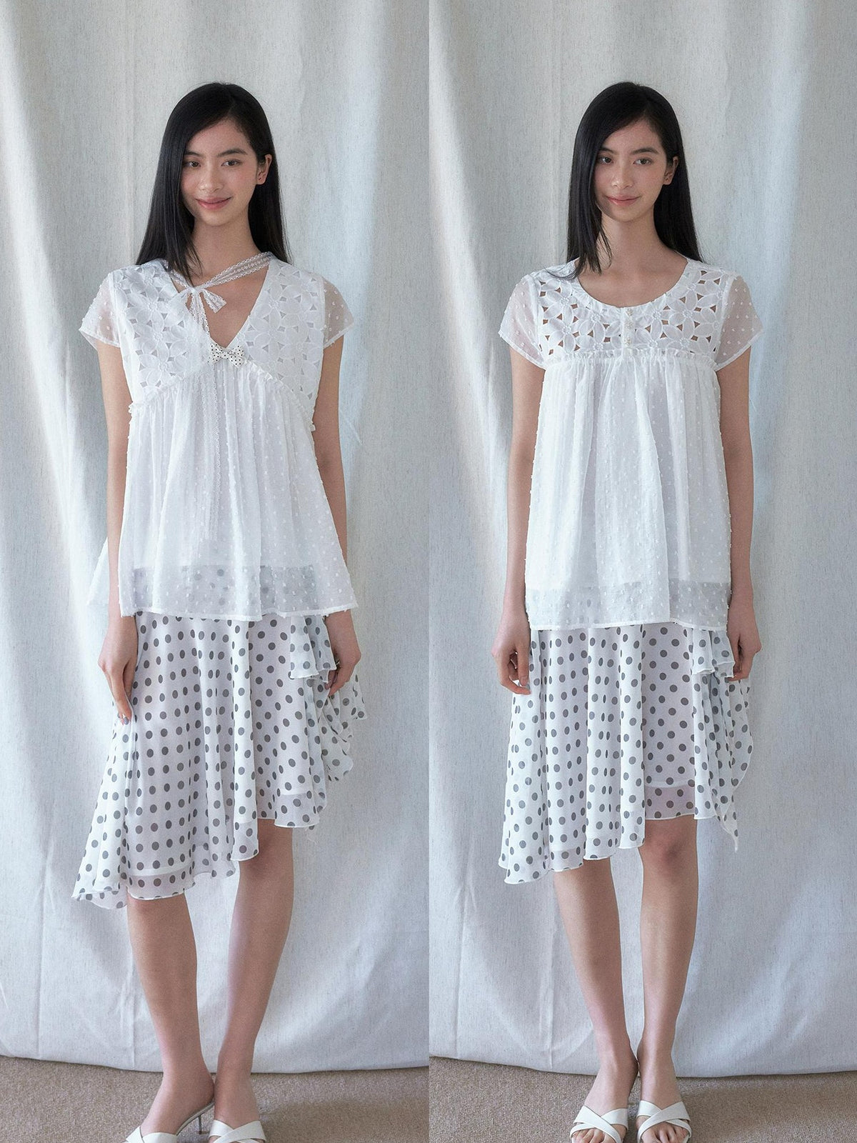 SENSELF White Cutout Floral Lace Up Reversible Sweet Women's Blouses