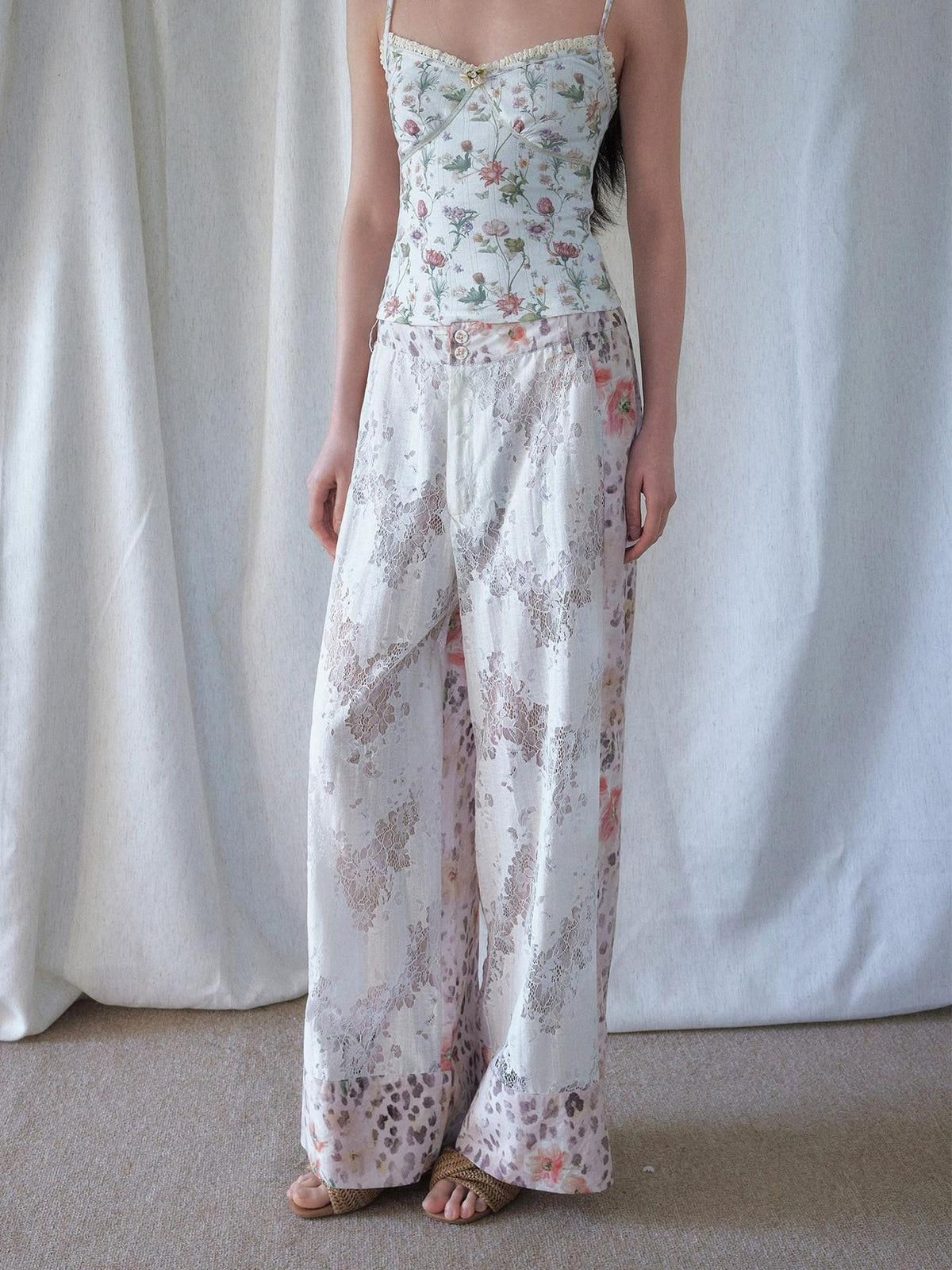 SENSELF White Leopard Print Lace Spliced Low Rise Women's Straight-leg Pants
