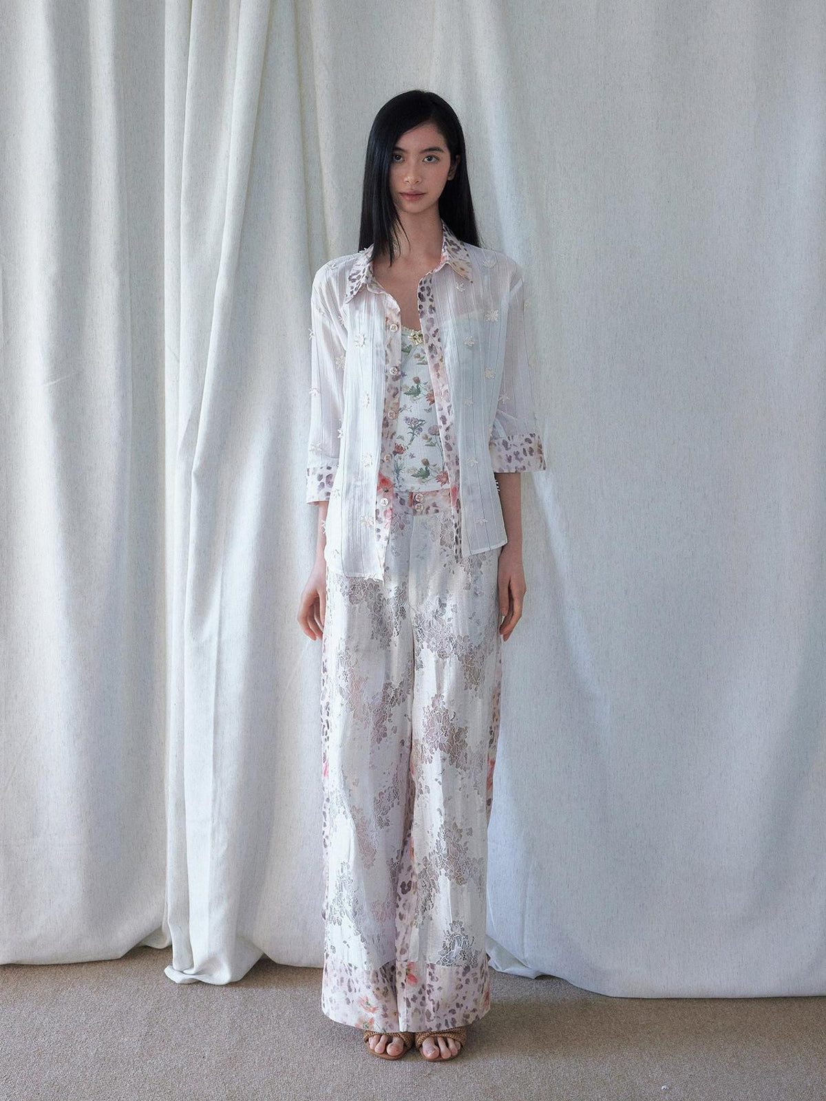 SENSELF White Leopard Print Lace Spliced Low Rise Women's Straight-leg Pants