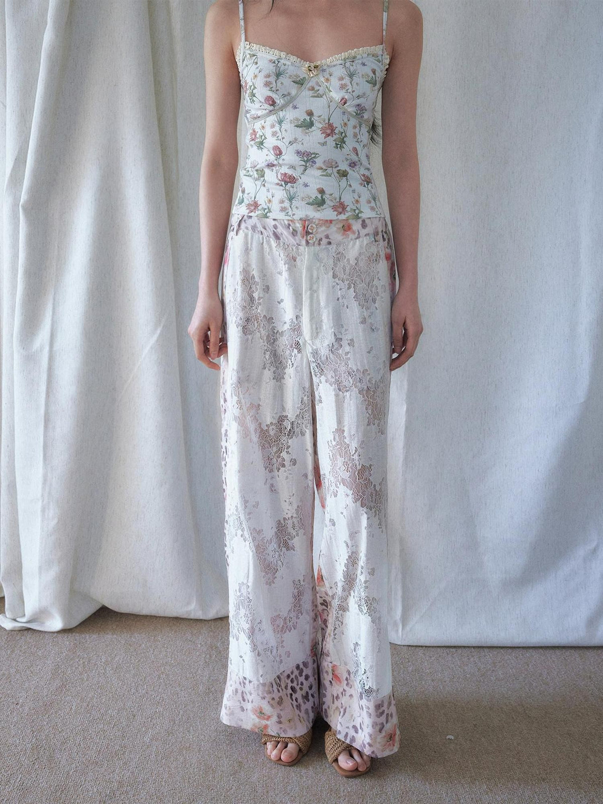 SENSELF White Leopard Print Lace Spliced Low Rise Women's Straight-leg Pants