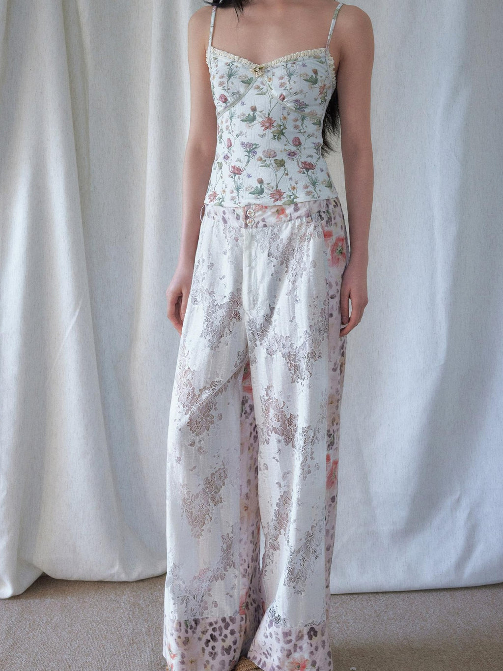 SENSELF White Leopard Print Lace Spliced Low Rise Women's Straight-leg Pants