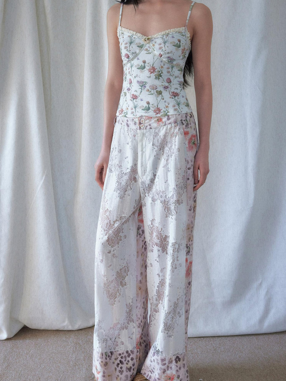 SENSELF White Leopard Print Lace Spliced Low Rise Women's Straight-leg Pants