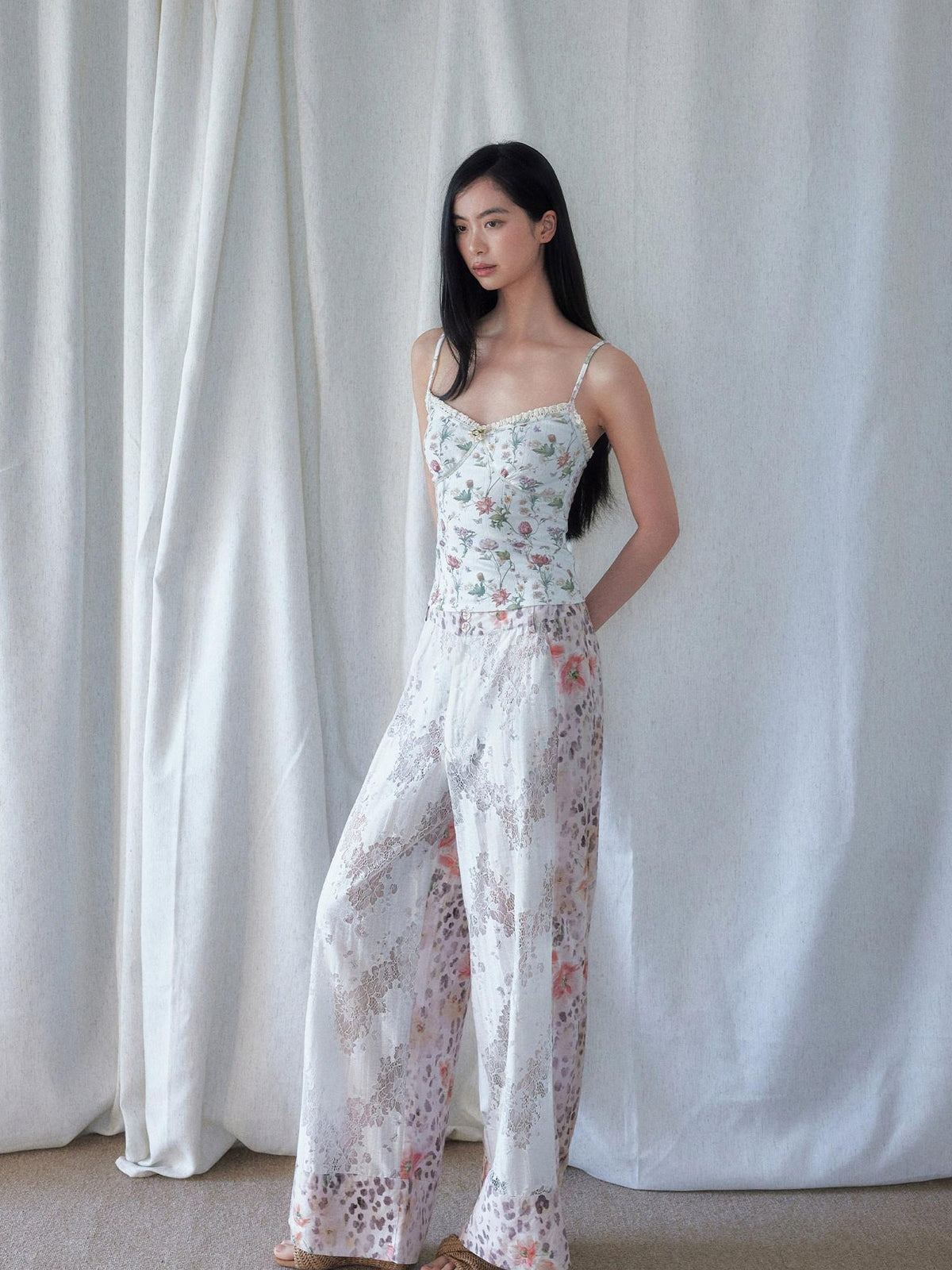 SENSELF White Leopard Print Lace Spliced Low Rise Women's Straight-leg Pants