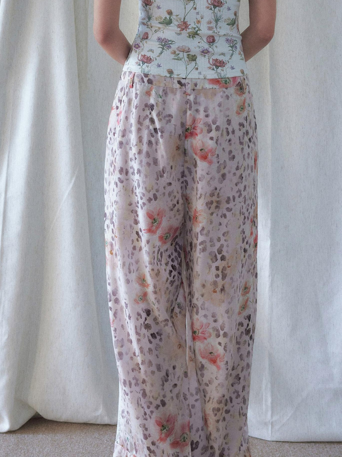 SENSELF White Leopard Print Lace Spliced Low Rise Women's Straight-leg Pants