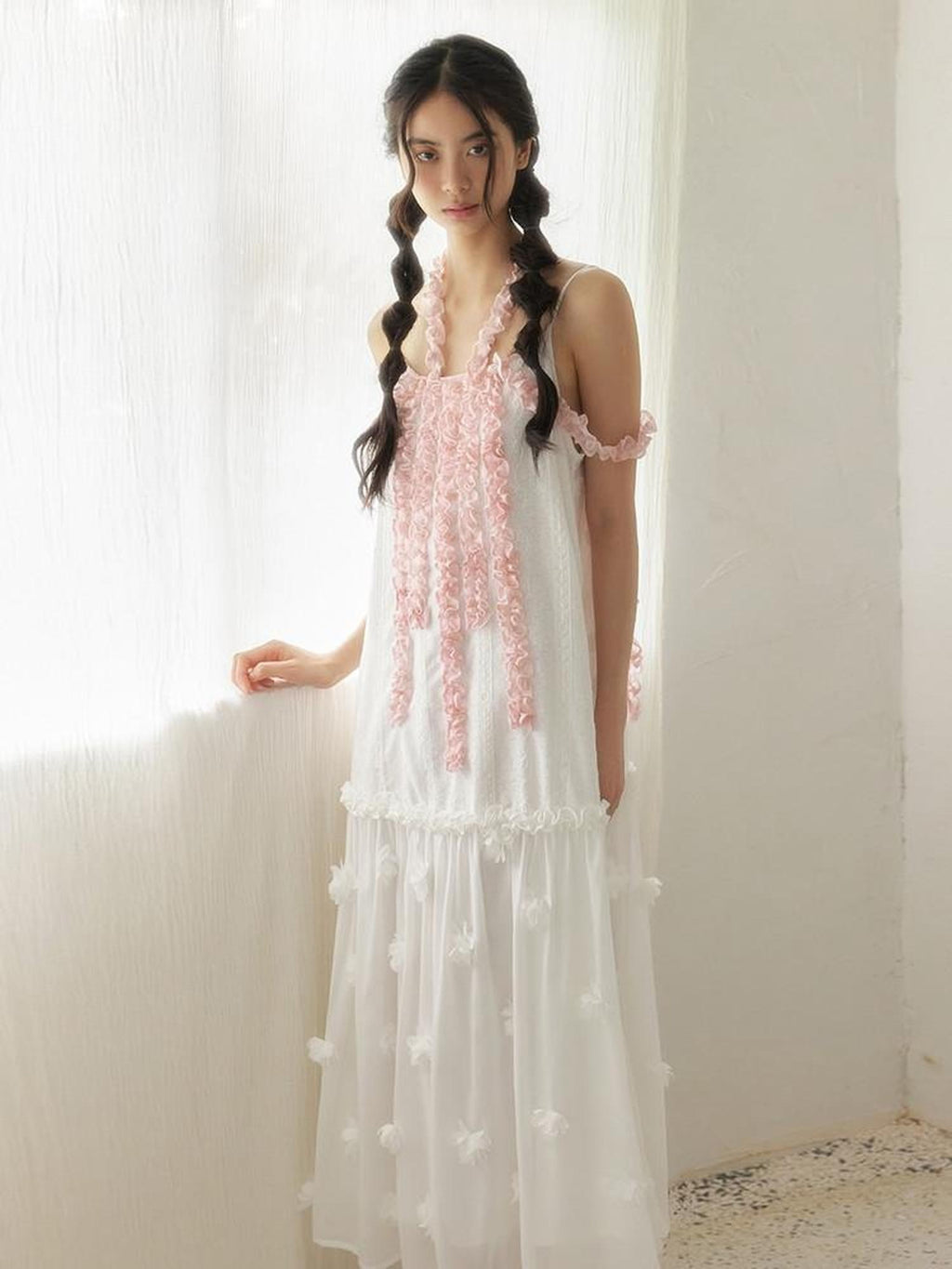 SENSELF White Pink Spliced Lace Trim Halter Floral Hem A Line Women's Slip Maxi Dresses
