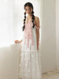 SENSELF White Pink Spliced Lace Trim Halter Floral Hem A Line Women's Slip Maxi Dresses