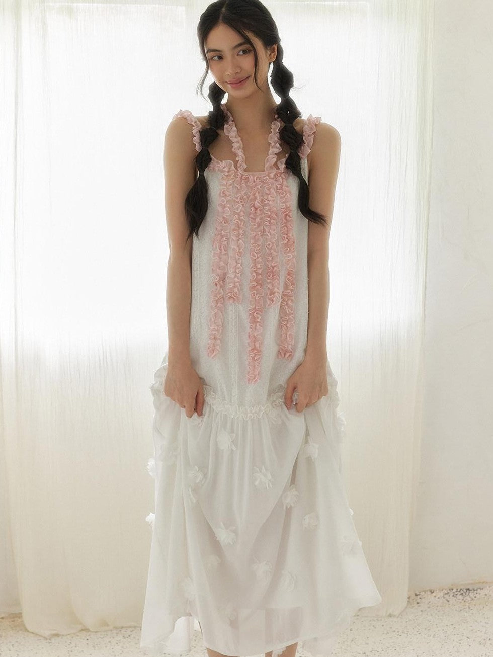 SENSELF White Pink Spliced Lace Trim Halter Floral Hem A Line Women's Slip Maxi Dresses