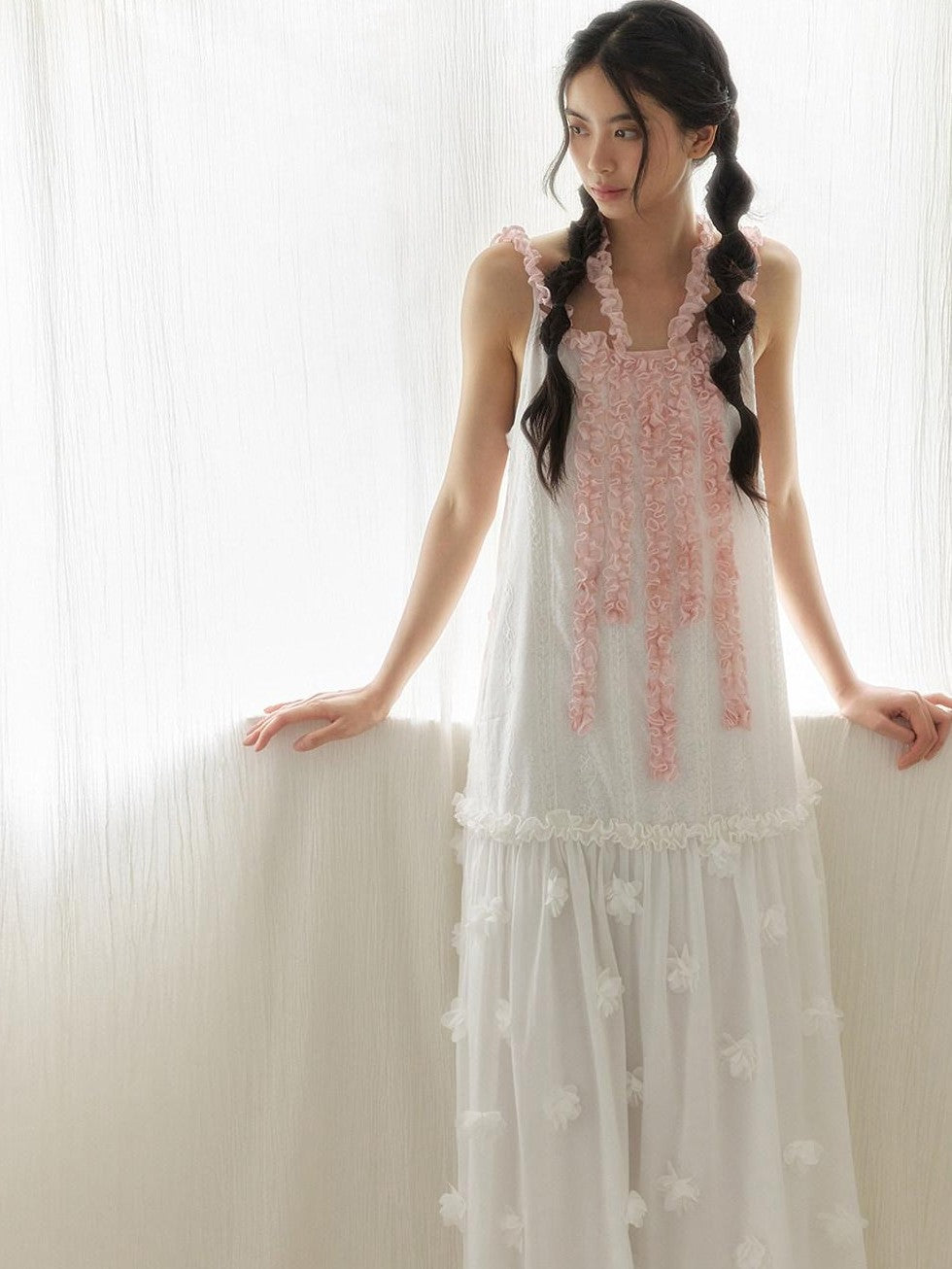 SENSELF White Pink Spliced Lace Trim Halter Floral Hem A Line Women's Slip Maxi Dresses