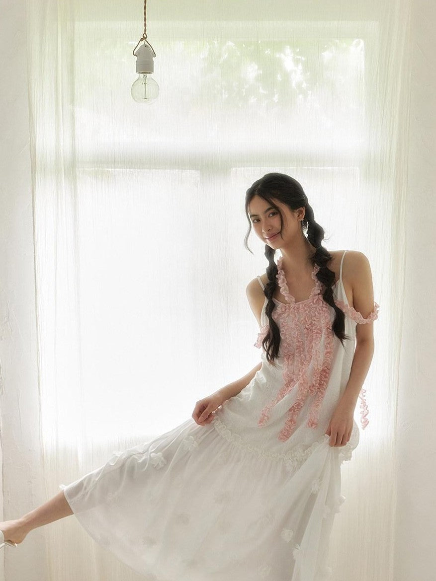 SENSELF White Pink Spliced Lace Trim Halter Floral Hem A Line Women's Slip Maxi Dresses