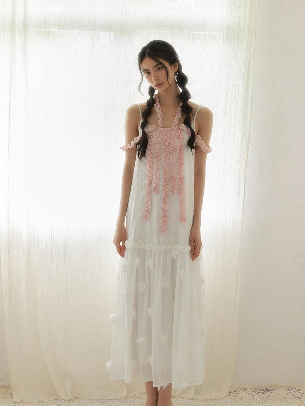 SENSELF White Pink Spliced Lace Trim Halter Floral Hem A Line Women's Slip Maxi Dresses