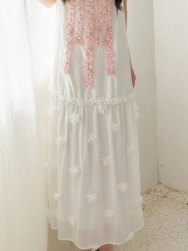 SENSELF White Pink Spliced Lace Trim Halter Floral Hem A Line Women's Slip Maxi Dresses