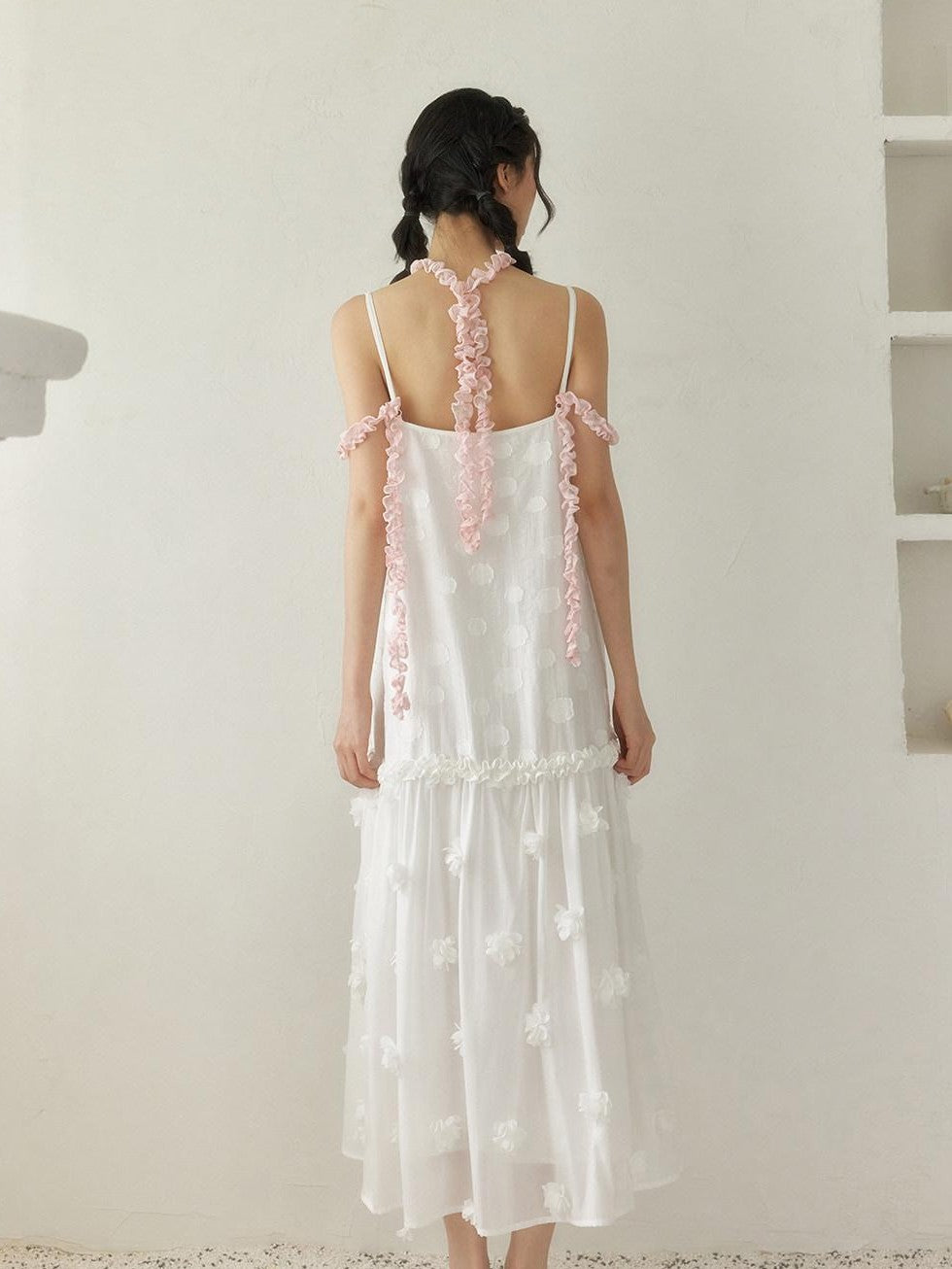 SENSELF White Pink Spliced Lace Trim Halter Floral Hem A Line Women's Slip Maxi Dresses