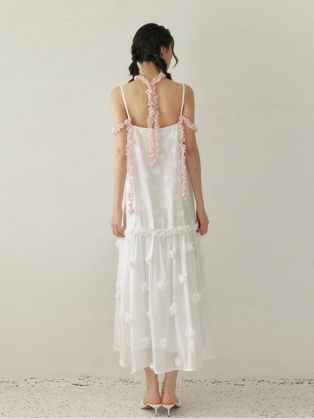 SENSELF White Pink Spliced Lace Trim Halter Floral Hem A Line Women's Slip Maxi Dresses