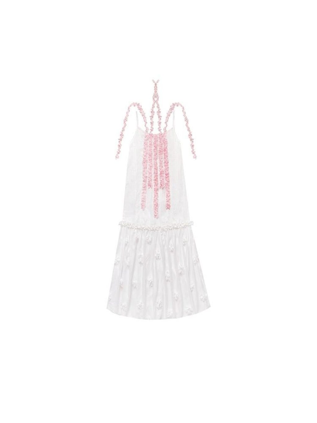 SENSELF White Pink Spliced Lace Trim Halter Floral Hem A Line Women's Slip Maxi Dresses
