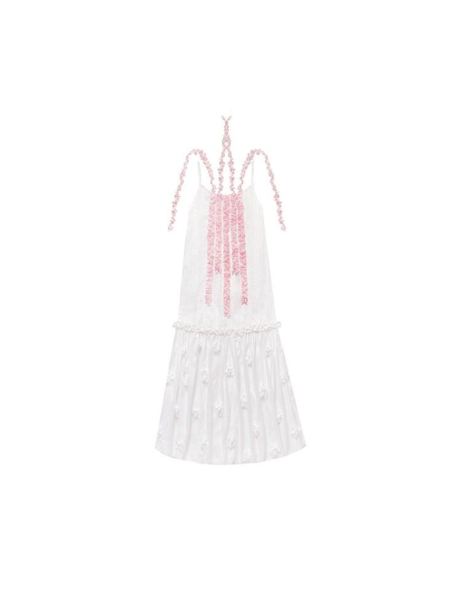 SENSELF White Pink Spliced Lace Trim Halter Floral Hem A Line Women's Slip Maxi Dresses