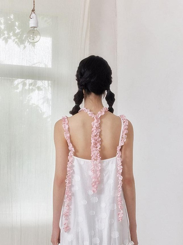 SENSELF White Pink Spliced Lace Trim Halter Floral Hem A Line Women's Slip Maxi Dresses