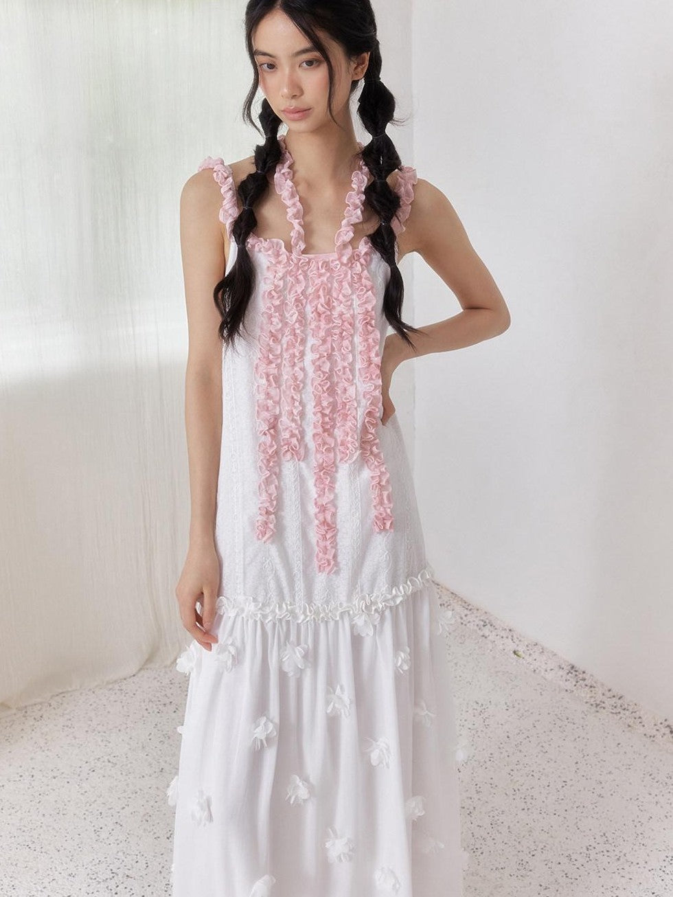 SENSELF White Pink Spliced Lace Trim Halter Floral Hem A Line Women's Slip Maxi Dresses
