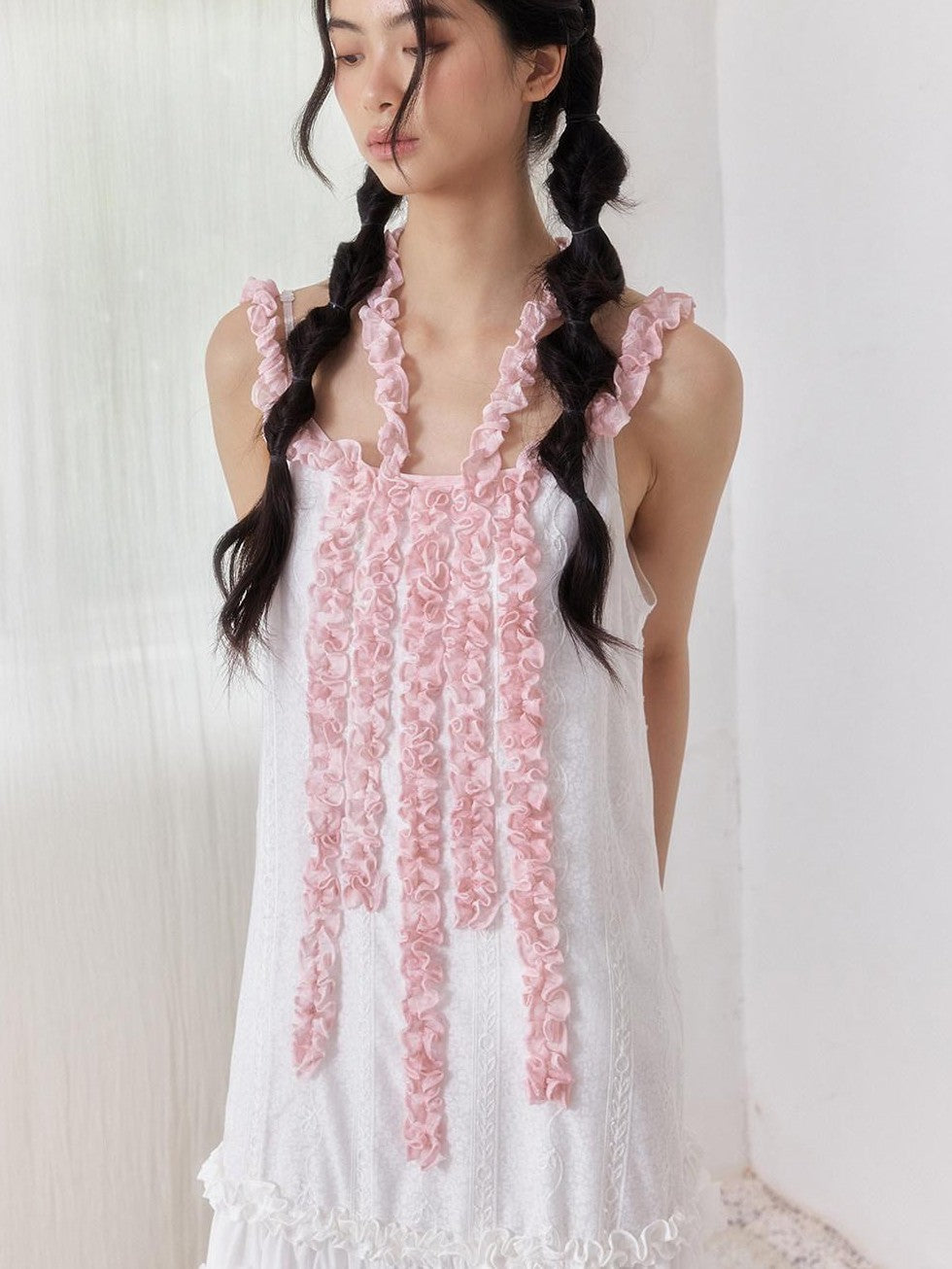 SENSELF White Pink Spliced Lace Trim Halter Floral Hem A Line Women's Slip Maxi Dresses