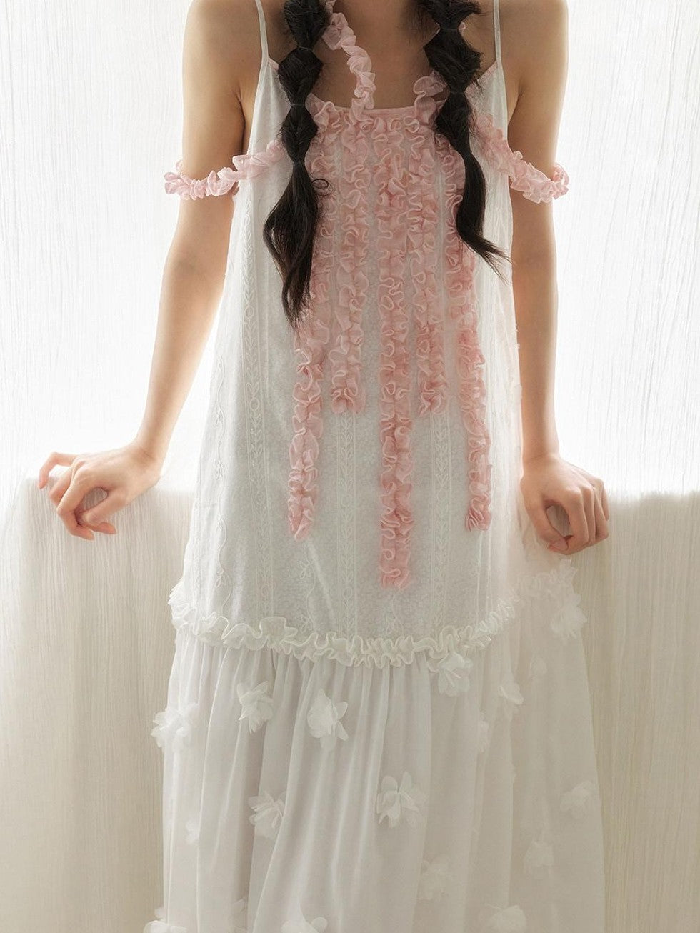 SENSELF White Pink Spliced Lace Trim Halter Floral Hem A Line Women's Slip Maxi Dresses