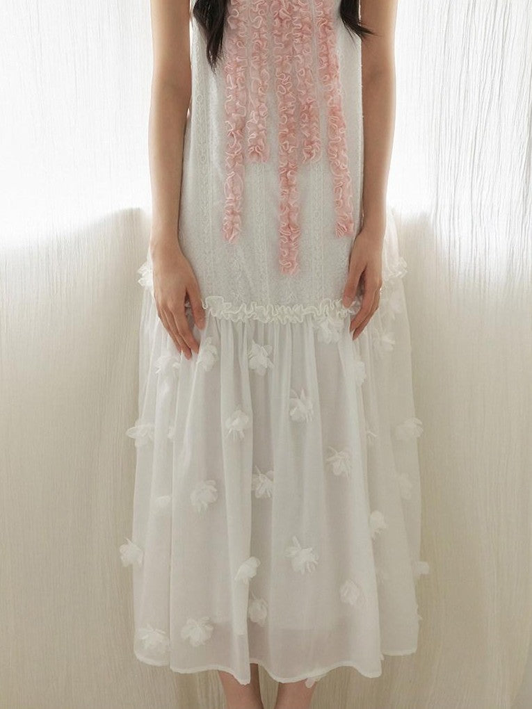 SENSELF White Pink Spliced Lace Trim Halter Floral Hem A Line Women's Slip Maxi Dresses