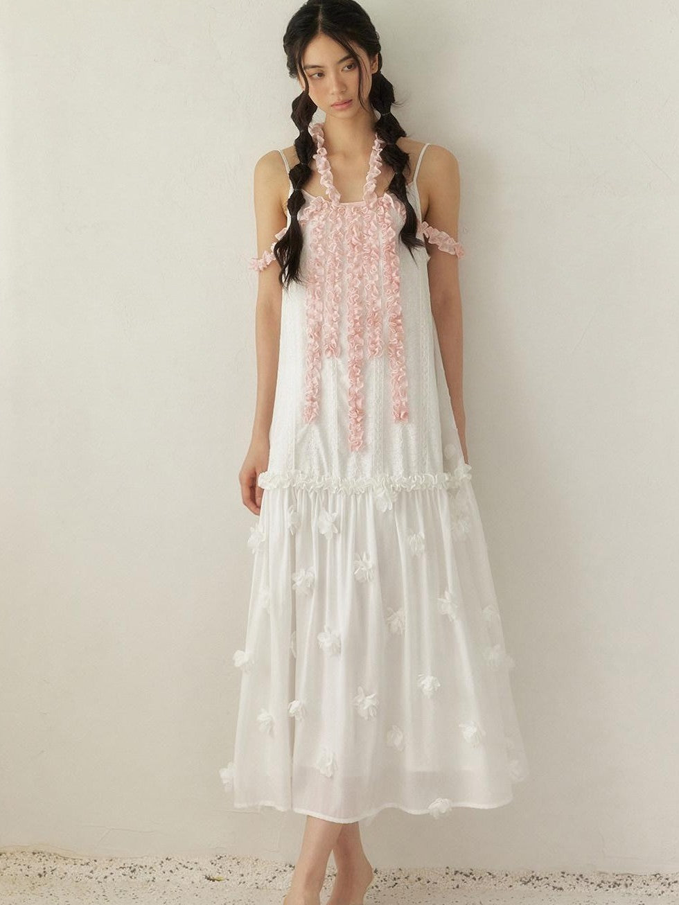 SENSELF White Pink Spliced Lace Trim Halter Floral Hem A Line Women's Slip Maxi Dresses