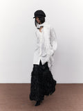 SENSELF White Pleated Deep U Neck Asymmetrical Lace Scarf Bell Sleeve Women's Shirts
